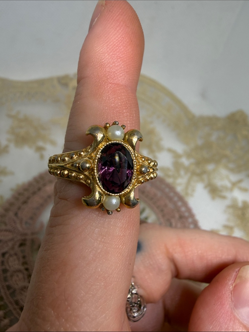 Vintage 1974 Avon Queensbury Victorian Revival Ring | Faux Amethyst & Seed Pearl
